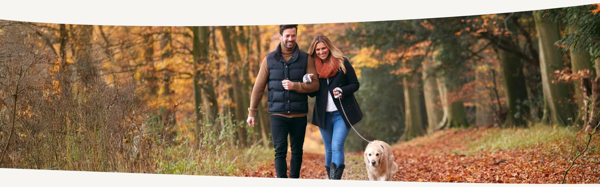 Verliebtes Paar geht mit seinem Hund im Wald spazieren